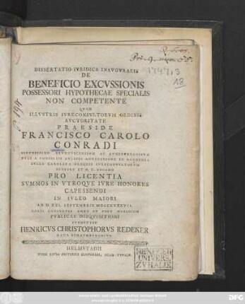 Dissertatio Ivridica Inavgvralis De Beneficio Excvssionis Possessori Hypothecae Specialis Non Competente