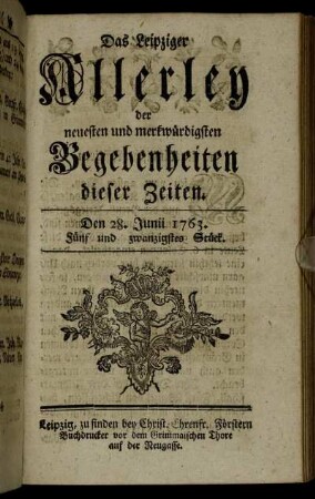 Den 28. Junii 1763. Fünf [i.e. sechs] und zwanzigstes Stück.