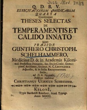 Exercitationum Medicarum Quarta Continens Theses Selectas De Temperamentis Et Calido Innato