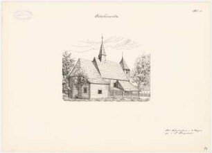 Holzkirche, Kotschanowitz: Perspektivische Ansicht (aus: Die Holzkirchen und Holztürme der preußischen Ostprovinzen)