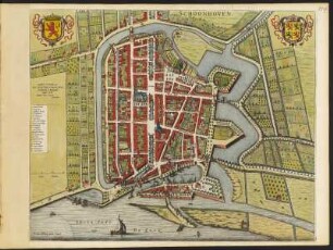 Stadtplan von Schoonhoven in den Niederlande, 1 : 2 500, kolorierter Kupferstich, 1649 : Schoonhoven : [gewidmet] Viris D. D. Praetori, Consulibus, Scabinis et Senatui Huius Urbis / Tabulam hanc D. D. D. Ioan Blaeu. I. Milheusser fec. ., [ca. 1:2.500] / [Amsterdam] : [Joan Blaeu], 1649 - 1 Plan : Kupferst. ; 51,3 x 41,4 cm - Maßstab in graph. Form (Virgae, Roeden). - Titelkartusche oben Mitte. - Wappendarst. oben links u. oben rechts - Mit Gebäudeverz. - - Wahrschl. aus: Novum Ac Magnum Theatrum Urbium Belgicae Foederatae. [Teil 1] : Ad praesentis temporis faciem expressum / a Ioanne Blaeu, Amstelaedamensi