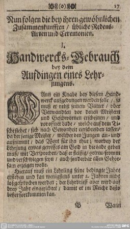 I. Handwercks-Gebrauch bey dem Aufdingen eines Lehrjungen.