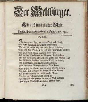 Ein und funfzigstes Blatt. Berlin, Donnerstags den 18. Januarius 1741.