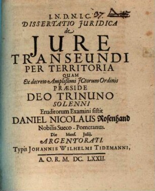 Dissertatio iuridica de iure transeundi per territoria