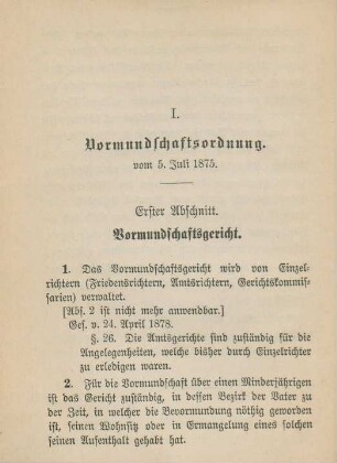 I. Vormundschaftsordnung vom 5. Juli 1875.