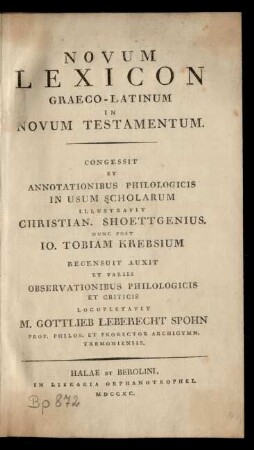 Novum Lexicon Graeco-Latinum in Novum Testamentum