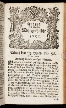 No. 98. Extra-Blat. Erlang den 13. Octob. 1757.