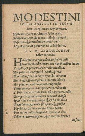 Modestini Iurisconsulti In Secundum Georgicorum Argumentum.