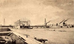 Die Eisenbahnbrücke über den Rhein bei Kehl im Bau, Ostern 1859