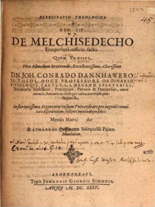 Exercitatio Theologica e Gen. XIV De Melchisedecho, Eius persona, officio, factis
