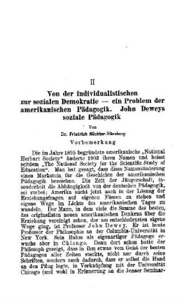 Von der individualistischen zur sozialen Demokratie - ein Problem der amerikanischen Pädagogik. John Deweys soziale Pädagogik