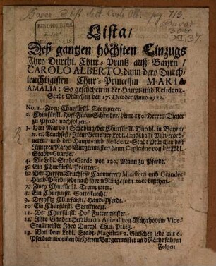 Lista deß gantzen höchsten Einzugs Ihro Durchl. Chur-Printz auß Bayrn Caroli Alberti : den 17. Octobr. 1722