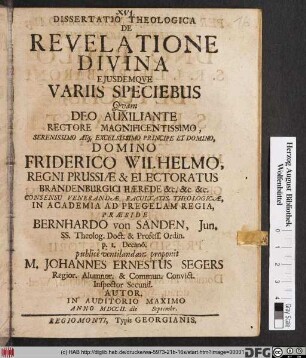 Dissertatio Theologica De Revelatione Divina Ejusdemqve Variis Speciebus