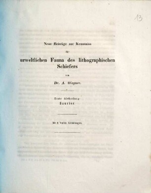 Neue Beiträge zur Kenntniss der urweltlichen Fauna des lithographischen Schiefers. 1, Saurier