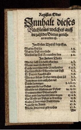 Register/ Oder Innhalt dieses Büchleins/ welches auff die zahl der Bletter gerichtet worden ist