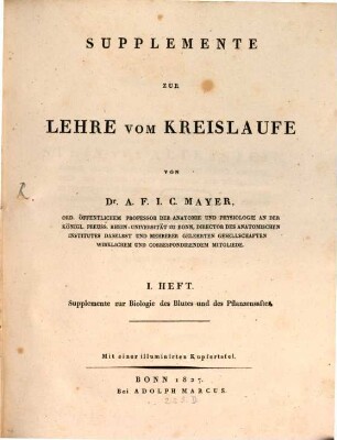 Supplemente zur Lehre vom Kreislaufe, 1. Supplemente zur Biologie des Blutes und des Pflanzensaftes
