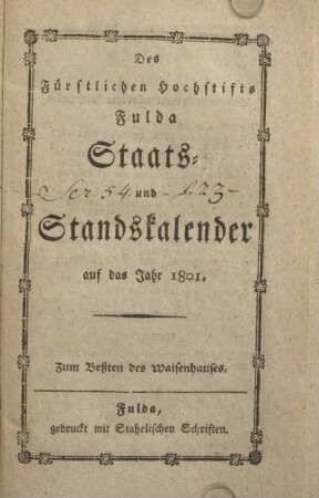 1801: Des Fürstlichen Hochstifts Fulda Staats- und Standskalender