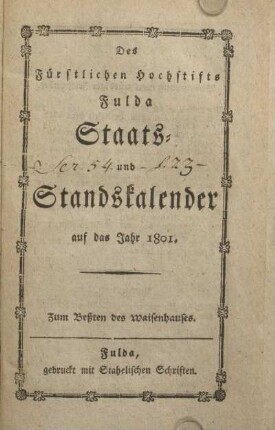 1801: Des Fürstlichen Hochstifts Fulda Staats- und Standskalender