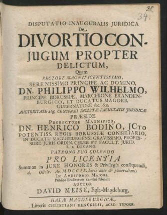 Disputatio Inauguralis Juridica De Divortio Conjugum Propter Delictum
