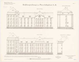 Kavalleriekaserne, Mülhausen: Mannschaftsgebäude II. und III: Aufriss Nordansicht, Südansicht, Ostansicht, Westansicht 1:100