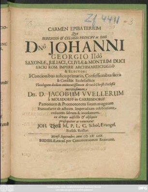 Carmen Epibatorium Quo ... Dn. D. Jacobum Wellerum a Molsdorff in Carresdorf Patronum ... suum magnum Francofurto ab actuum Imperialium celebratione reducem salvum & incolumem ex devoto adfecta ... prosequitur ac venecatur Joh. Theill ...