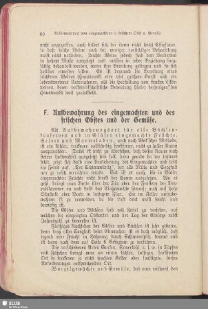 F. Aufbewahrung des eingemachten und frischen Obstes und der Gemüse
