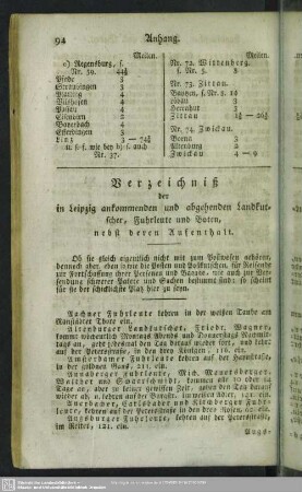 Verzeichniß der in Leipzig ankommenden und abgehenden Landkutscher, Fuhrleute und Boten