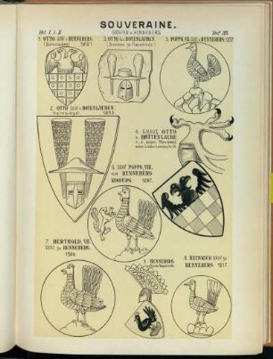 Taf. 123. 1. Otto Graf v. Henneberg. (Botenlauben) 1231. - 2. Otto Graf v. Botenlauben. Helmsiegel, 1233. - 3. Otto Gr. v. Botenlauben. (Grabstein zu Frauenrode.) - 4. Grave Otto v. Bottenlaube. n.d. sogen. Manesse'schen Liederhandschrift. - 5. Poppo, VII. Graf v. Henneberg. 1237. - 6. Graf Poppo, VIII. von Henneberg Koburg. 1287. - 7. Berthold, VII. Graf zu Henneberg. 1300. - 8. Heinrich Graf zu Henneberg 1317. 9. Henneberg. n.d. Züricher Wappenrolle.