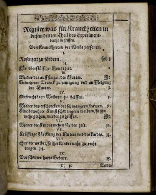 Register was für Kranckheiten in diesem dritten Theil des Experimentbuchs begriffen.
