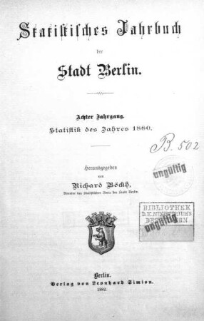 8.1880: Statistisches Jahrbuch der Stadt Berlin