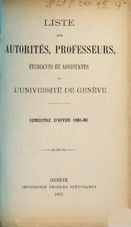Liste des autorités, professeurs, assistants et étudiants. 1885/86 (WS)