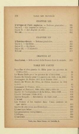Table des cartes