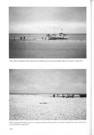 Abb. 2: Ein Ausflugsboot beim Ausbooten von Besuchern am S-Strand (Süder-Piep) von Tertius. 9. Juni 1973