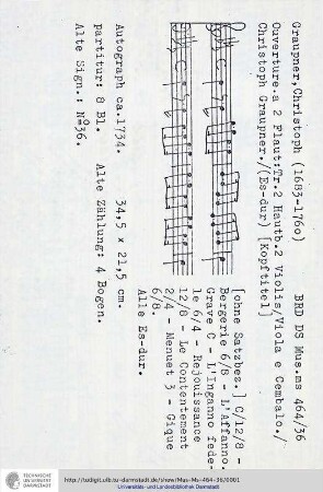 Ouverture. a 2 Flaut: Tr. 2 Hautb. 2 Violin / Viola e Cembalo. / Christoph Graupner.