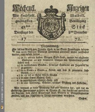 42tes Stueck, Dienstags den 8ten December 1772