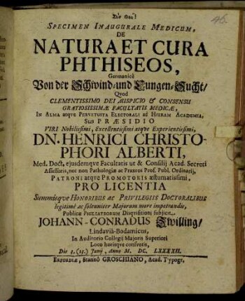 Specimen Inaugurale Medicum, de Natura Et Cura Phthiseos, Germanice Von der Schwind- und Lungen-Sucht