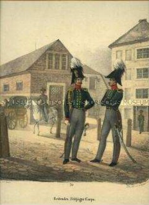 Uniformdarstellung, Reitendes Feldjäger-Korps, Preußen 1830. Aus: Elzholz u.a.: Das Preussische Heer. Tafel 70.