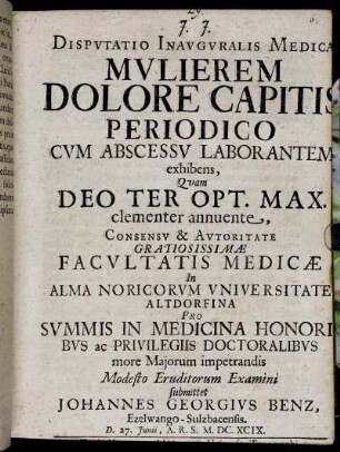 Disputatio Inauguralis Medica Mulierem Dolore Capitis Periodico Cum Abscessu Laborantem exhibens