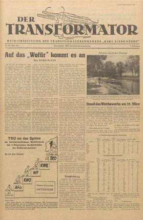 TRO-Betriebszeitung 'Der Transformator'; Nr. 18/1957 (Mai 1957)