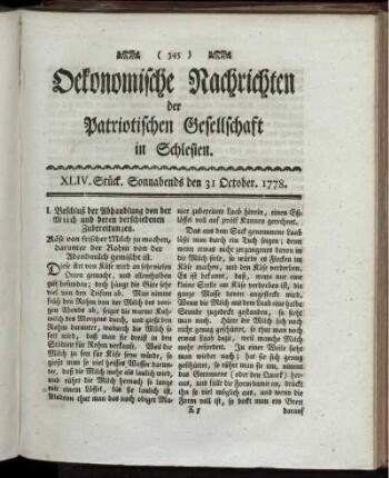 XLIV. Stück. Sonnabends den 31 October. 1778.