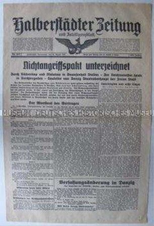 Regionale Tageszeitung "Halberstädter Zeitung" zur Unterzeichnung des Nichtangriffsvertrages zwischen Deutschland und der UdSSR ("Hitler-Stalin-Pakt")