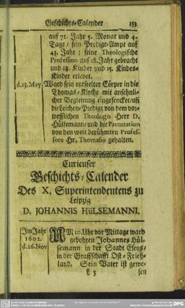 Curieuser Geschichts-Calender Des X. Superintendentens zu Leipzig D. Johannis Hülsemanni