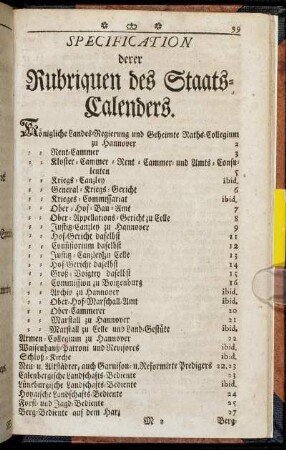 Specification derer Rubriquen des Staats-Calenders.
