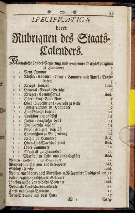 Specification derer Rubriquen des Staats-Calenders.