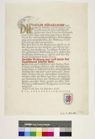 Stiftungsurkunde Literaturpreis der Stadt Düsseldorf