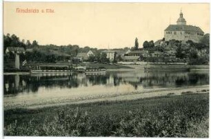 Hirschstein. Schloss mit Elbe und Dampfer Bohemia