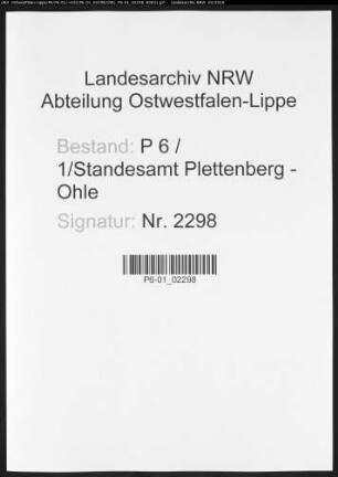 Sterberegister Standesamt Plettenberg-Ohle