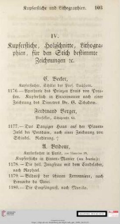 IV. Kupferstiche, Holzschnitte, Lithographien, für den Stich bestimmte Zeichnungen &c.