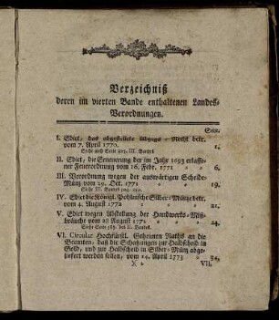 Verzeichniß deren im vierten Bande enthaltenen Landes-Verordnungen.