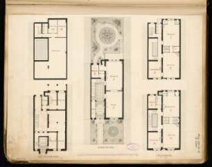 Städtisches Wohnhaus, Berlin Monatskonkurrenz März 1888: Grundriss Keller, Erdgeschoss, 1. und 2. Obergeschoss, Dachgeschoss; Maßstabsleiste
